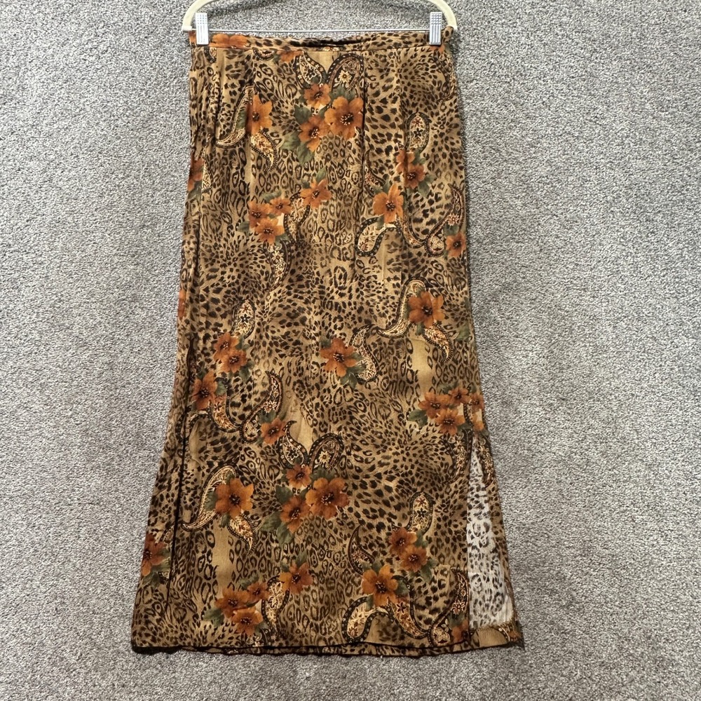 R&K Originals Vintage Leopard Floral Paisley Maxi Skirt Women 10 Brown Side Zip